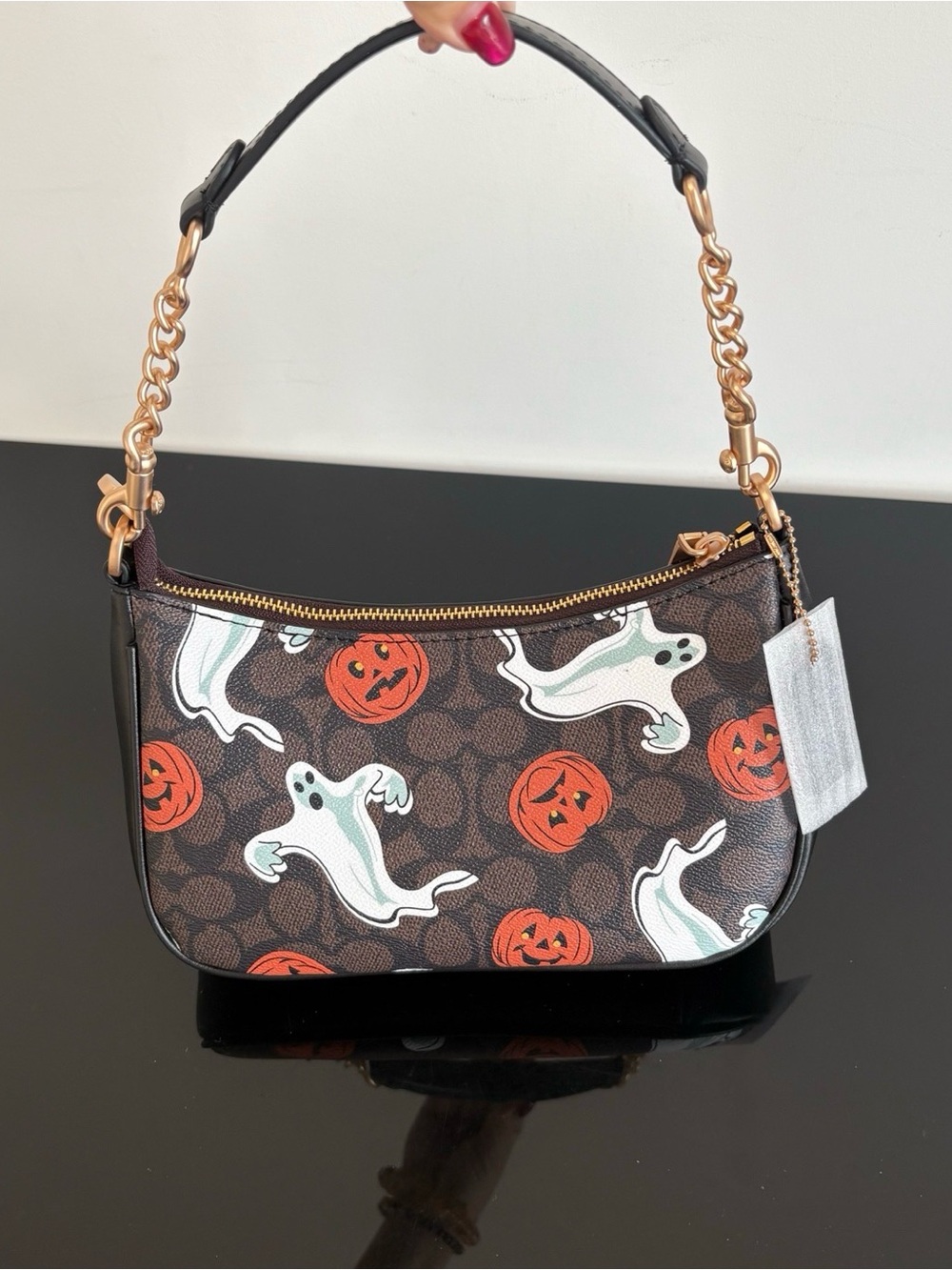 🔴🔴Coach Brown Halloween Ghost & Pumpkin Mini Shoulder Bag with Gold Hardware